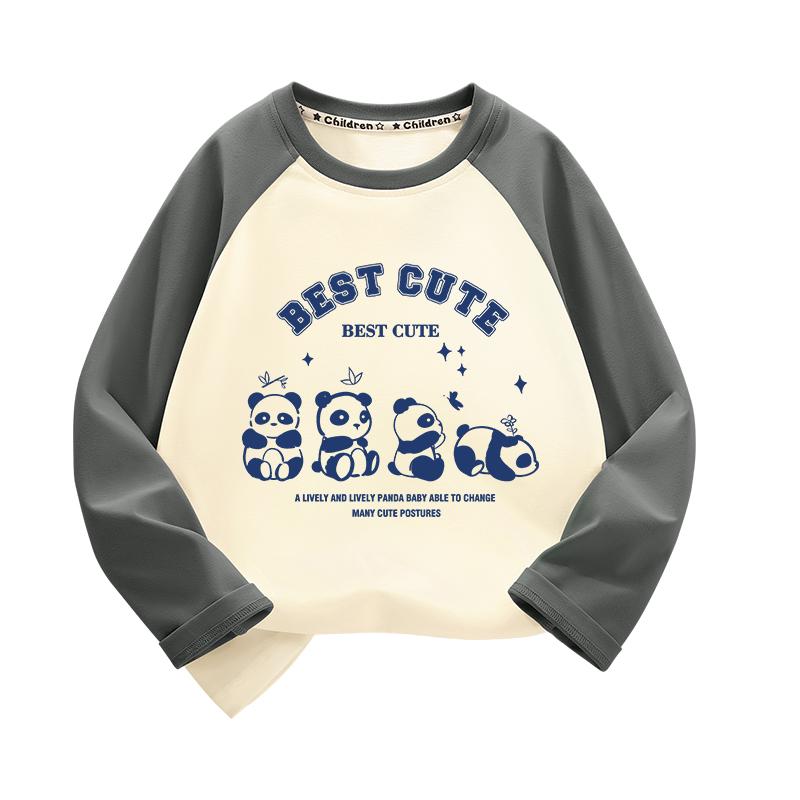 tシャツ キッズ 子供服 男の子 ロンT 長袖 トップス ラグラン 春秋 綿 ラウンドネック グレー ブラック パンダ