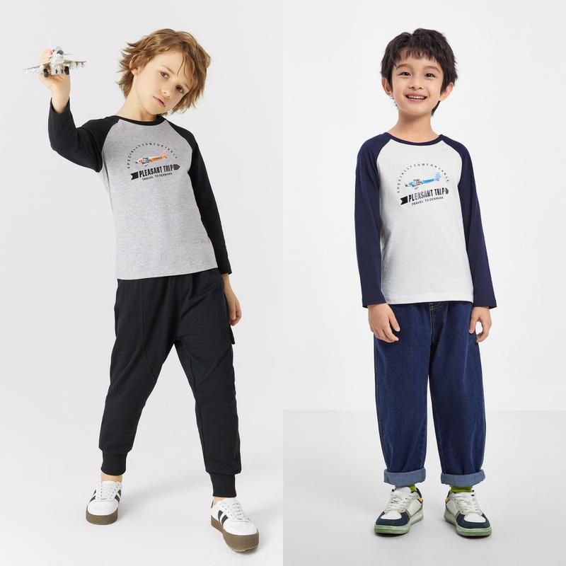 tシャツ キッズ 子供服 男の子 ロンT 綿 長袖 春秋 ラグランスリーブ 薄手 ラウンドネック トップス ブルー グレー イエロー