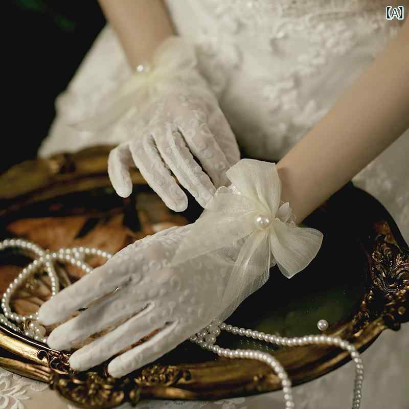 グローブ ショート 手袋 ウエディング 結婚式 ブライダル 花嫁 アクセサリー 秋冬 韓国 リボン パール ホワイト