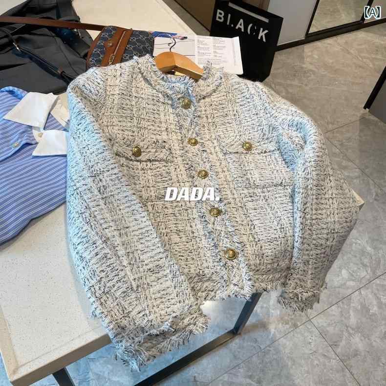 ツイード ジャケット レディース おしゃれ きれいめ ショート丈 ノーカラー 秋冬 グレー グリーン(4)