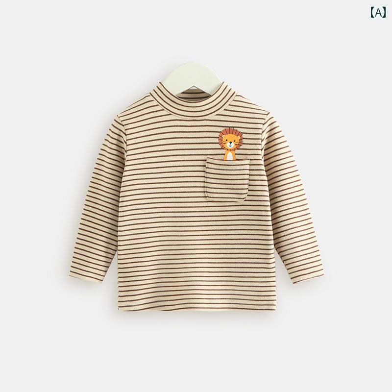 カットソー tシャツ キッズ 子供服 男の子 赤ちゃん ベビー 秋冬 タートルネック ハイネック 暖かい トップス 長袖 ボーダー ライオン ブラック ホワイト ベージュ