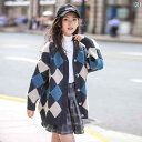 カーディガン キッズ 子供服 女の子 羽織 ニット 秋冬 韓国 Vネック セーター ジャケット ブルー ホワイト 菱形