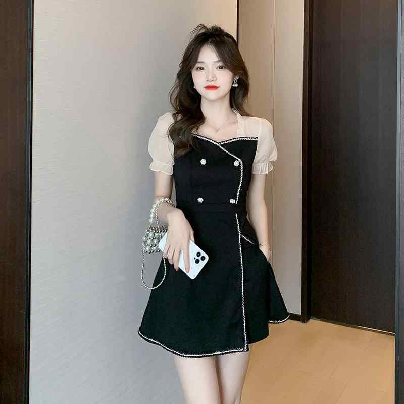 ワンピース ドレス レディース ファッション スクエアカラー ブラック ミニ 半袖 韓国