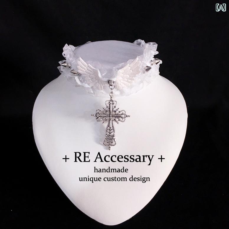 チョーカー レディース ネックレス アクセサリー ゴシック ゴスロリ 翼 クロス 十字架 スタッズ レース..