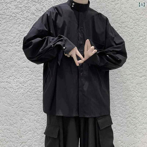 シャツ トップス メンズ ダーク ファッション 大きいサイズ 長袖 染め 春秋 薄手 ブラック ホワイト スタンドカラー シャツ トップス メンズ ダーク ファッション 大きいサイズ 長袖 染め 春秋 薄手 ブラック ホワイト スタンドカラー