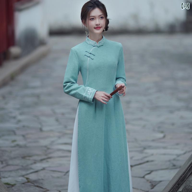 アオザイ チャイナ ドレス 春秋 中国風 コットン リネン 刺繍 ワンピース ロング丈 シンプル 緑 ピンク