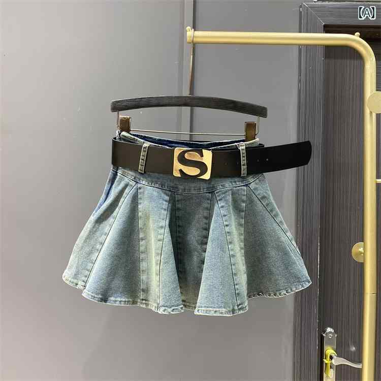 デニムスカート ミニ プリーツ レディース レトロ 春夏 ハイウエスト スリム 露出防止 ショートスカート ブルー ブラック