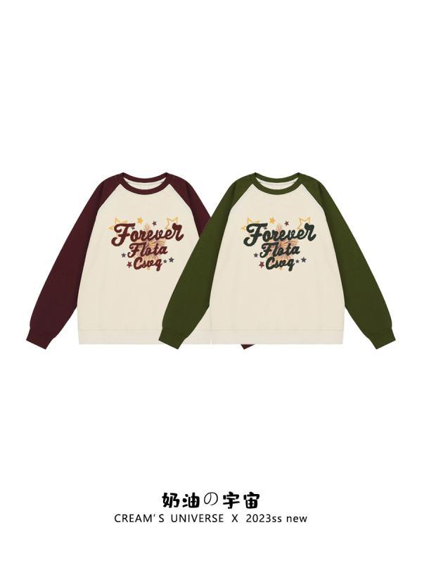 トップス レディース ラグラン 長袖 ラウンドネック トレーナー レトロ 春秋 ロゴ 韓国 カジュアル 大きいサイズ グリーン