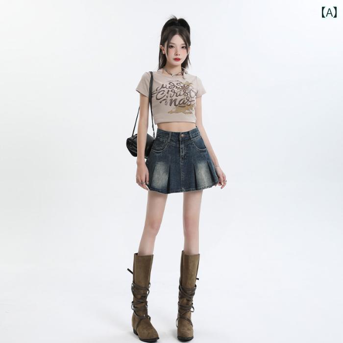 デニムスカート ミニ プリーツ レディース アメリカン レトロ ショートスカート 夏 ハイウエスト ブルー