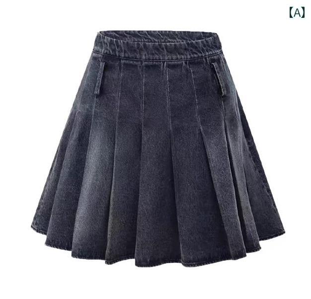 デニムスカート ミニ プリーツ レディース レトロ ウォッシュデニム 春夏 ハイウエスト ライン ショートスカート ブルー ホワイト