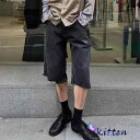 デニムパンツ ジーンズ メンズ レディース カジュアル レトロ ボトムス ワイド ショート丈 ブラック
