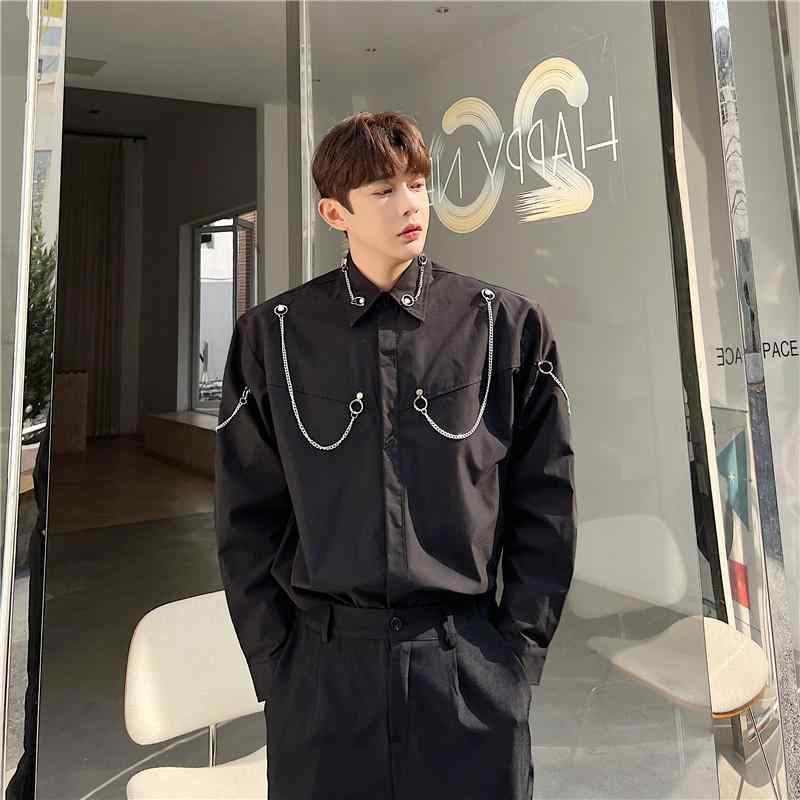 シャツ メンズ おしゃれ トップス 長袖 ジッパー 装飾 カジュアル 韓国 ファッション 春秋 ブラック ホワイト