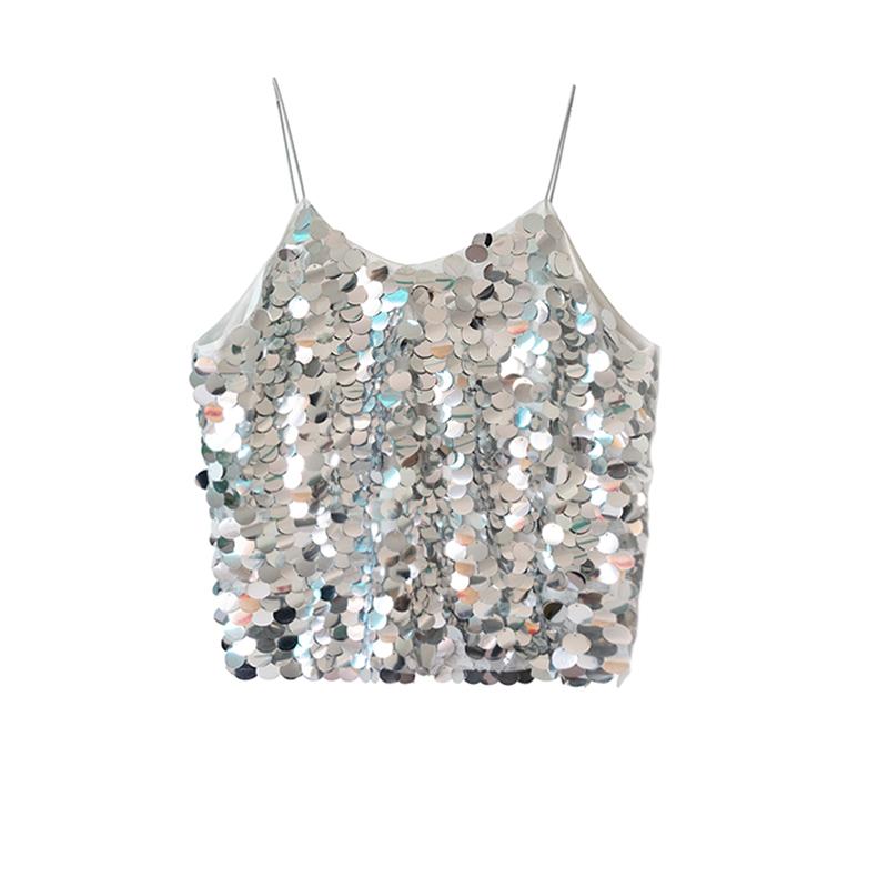 スパンコール キャミソール レディース トップス キラキラ パーティー ダンス アメリカ ナイトクラブ Vネック アウター ブラック シルバー