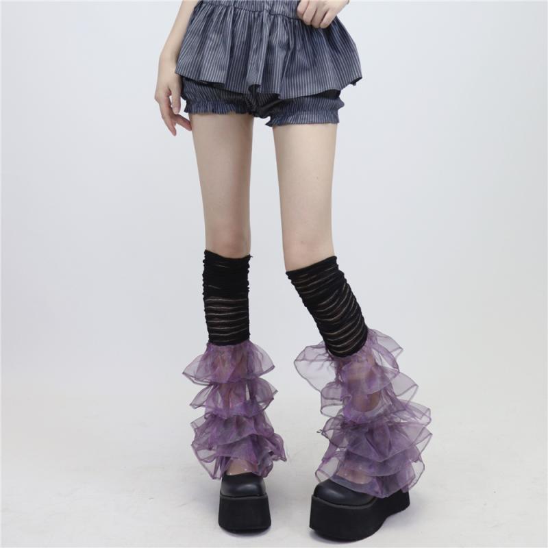 レッグカバー レディース ソックス y2k レース ステッチ パイルソックス ブラック ホワイト ブラウン