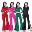 ベリーダンス 衣装 練習着 レディース 社交ダンス ラテン スーツ ラウンドネック 長袖 春夏 ボディスーツ グリーン レッド ブラック