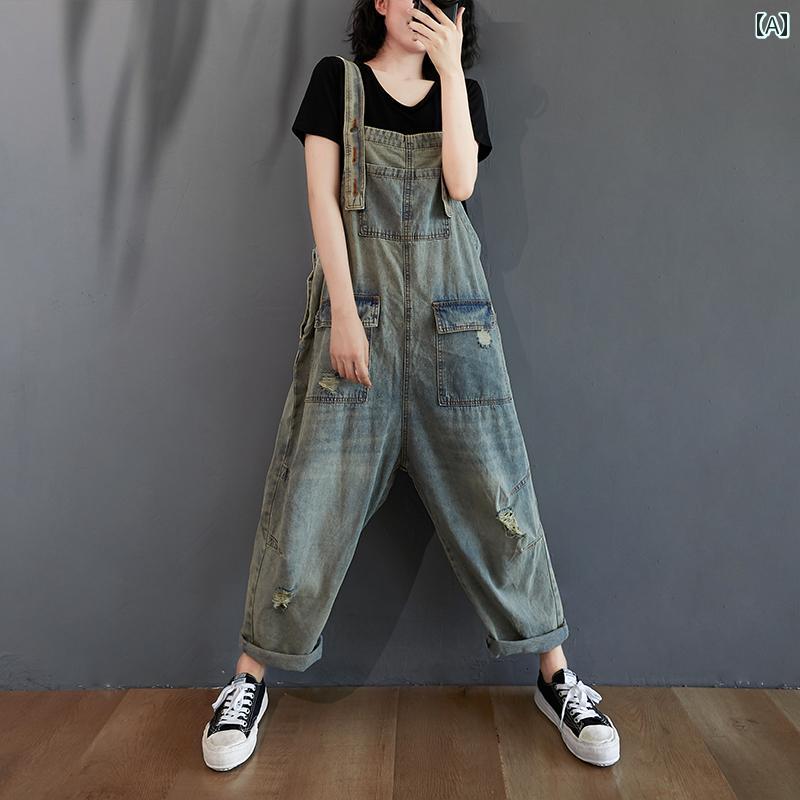 サロペット デニム パンツ レディース オーバーオール つなぎ ダメージ オールインワン 秋 レトロ ウエスタン サスペンダー カジュアル ブルー