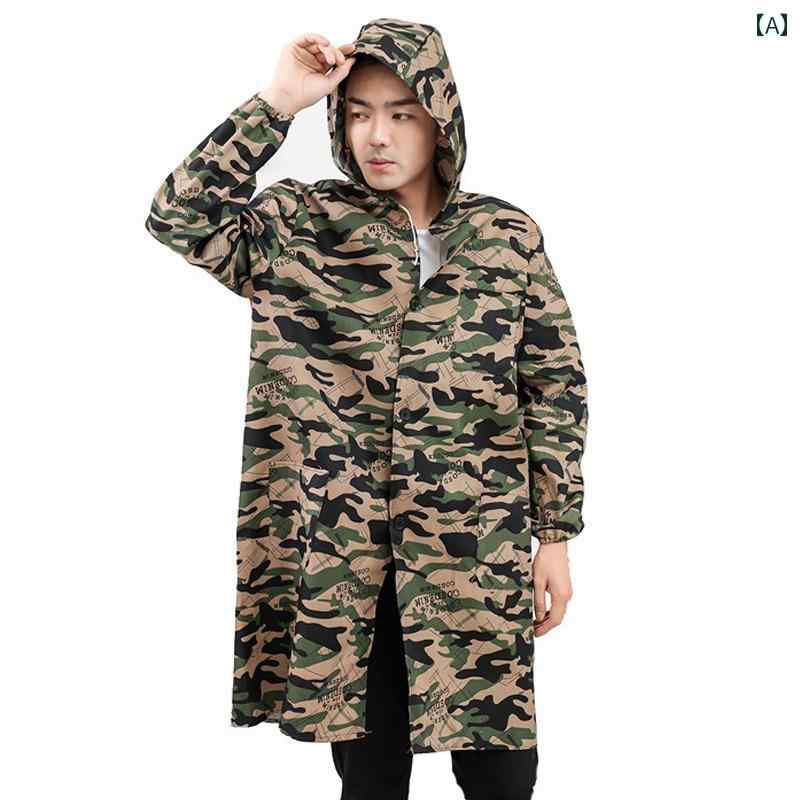 コート 長袖 ロング 作業着 メンズ レディース オールシーズン フード 防塵 作業服 グリーン グレー 迷彩