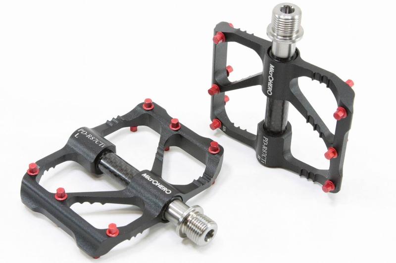 MicrOHERO 超軽量 チタン合金シャフト 3シールドベアリング コンパクトペダル カーボン ロードバイク／マウンテンバイク用 フラットペダル ブラック/レッド (PD-R87CTi 185g)(4)