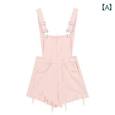 サロペット デニム ショート丈 パンツ レディース オーバーオール つなぎ ダメージ オールインワン 夏 薄手 ハイウエスト ワイドレッグ ストレート ピンク ブルー ブラック サロペット デニム ショート丈 パンツ レディース オーバーオール つなぎ ダメージ オールインワン 夏 薄手 ハイウエスト ワイドレッグ ストレート ピンク ブルー ブラック