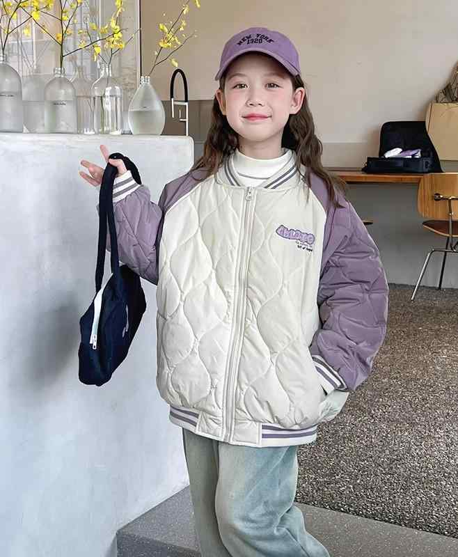 スタジャン キッズ 女の子 子供服 アウター ジャンパー 暖かい ジャケット ジップアップ カジュアル 厚手 ロゴ 冬 パープル