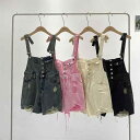 サロペット デニム ショート丈 パンツ レディース オーバーオール つなぎ ダメージ オールインワン 韓国 ファッション カジュアル サスペンダー ショーツ 秋 ブラック ベージュ ピンク