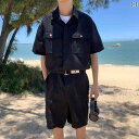 セットアップ 作業着 メンズ レディース 夏 半袖 ショーツ ジャンプスーツ 作業服 ブラック イエロー