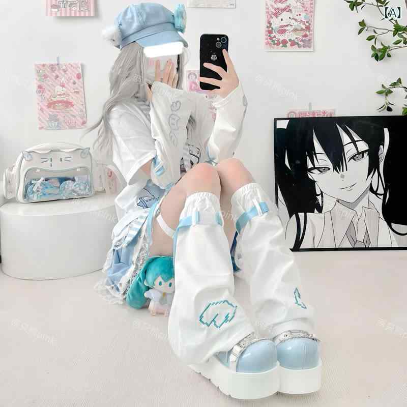 レッグカバー レディース ソックス 夏 Y2K サブカル 二次元 レッグウォーマー パイルソックス ゴスロリ ラッパ ホワイト ブルー