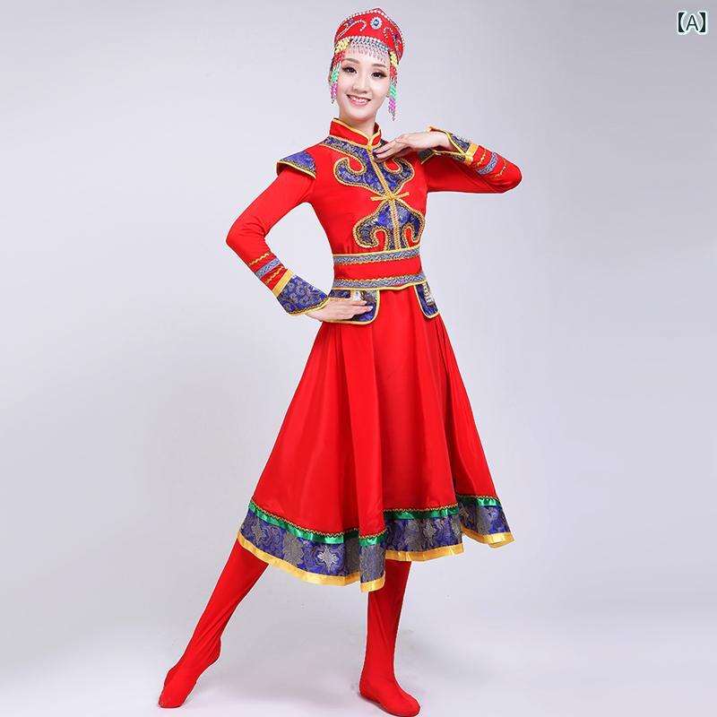 モンゴル 衣装 レディース 大きいサイズ ダンス 舞踊 民族 エスニック パフォーマンス 大人 春夏 ロング レッド ブルー ホワイト
