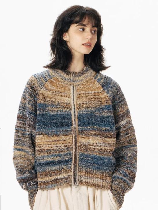 ニット レディース メンズ おしゃれ カーディガン カジュアル カップル ハイネック セーター 秋冬 レッド ブルー ブラウン ボーダー ジップアップ