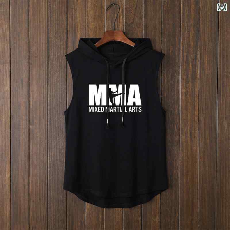 メンズ ノースリーブ パーカー カジュアル 総合格闘技 フィットネス ボクシング Tシャツ 半袖 黒 白 グ..