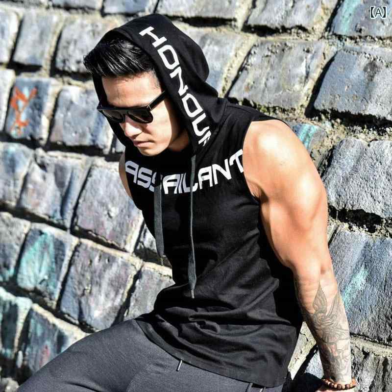Sportswear - メンズ ノースリーブ パーカー カジュアル フィットネス トレーニング フード付き Tシャツ スポーツ コットン スウェット スリム ブラック ホワイト ネイビー