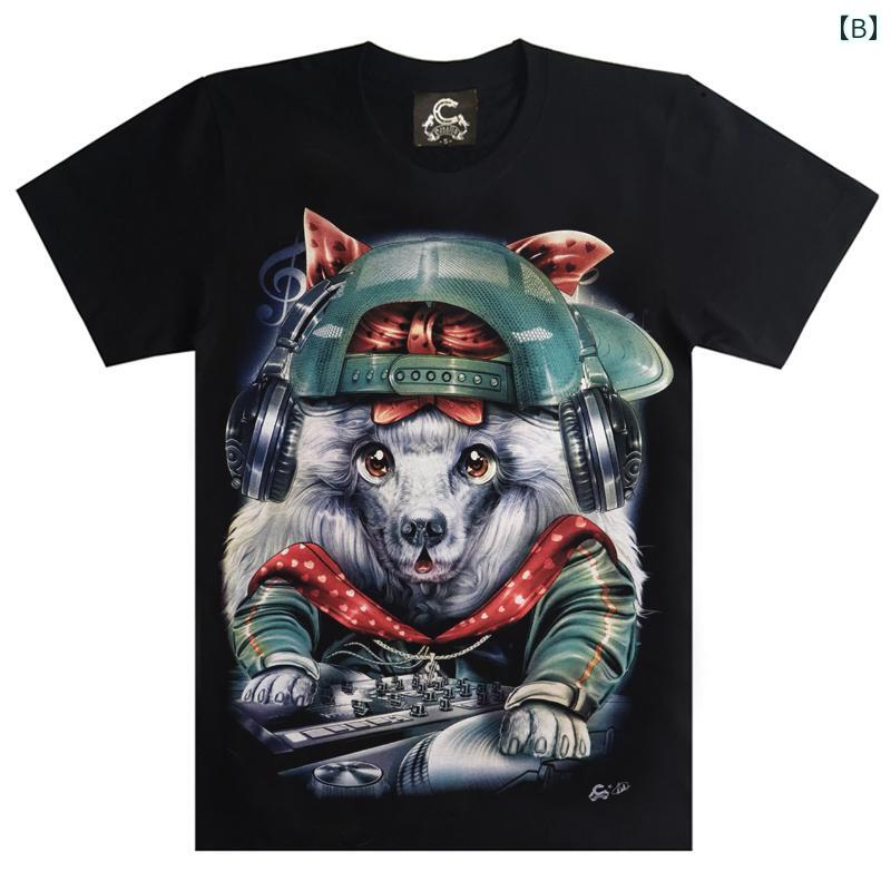 tシャツ 犬柄 ロック メンズ クラブ DJ 光る ゆったり 春夏 コットン ラウンドネッ...