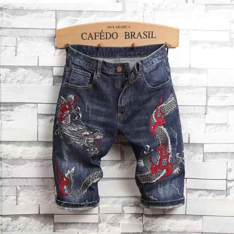 メンズ 刺繍 ジーンズ カジュアル ハーフ デニム ショーツ ストレート ドラゴン 伸縮性 春夏 薄手 ダメージ パンツ ブルー ショート