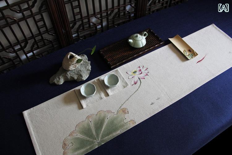 テーブルランナー 和風 手描き コットン リネン 禅 ティーマット 茶 布 クロス おしゃれ