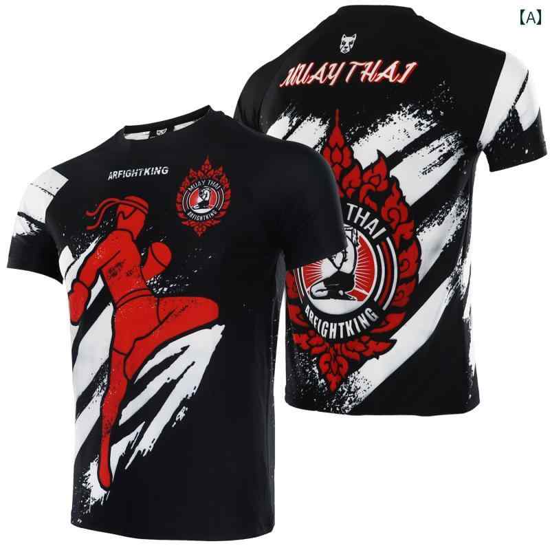 格闘技 トレーニングウェア 速乾 半袖 Tシャツ メンズ ムエタイ ボクシング スポーツ ラウンドネック ユニセックス ブラック