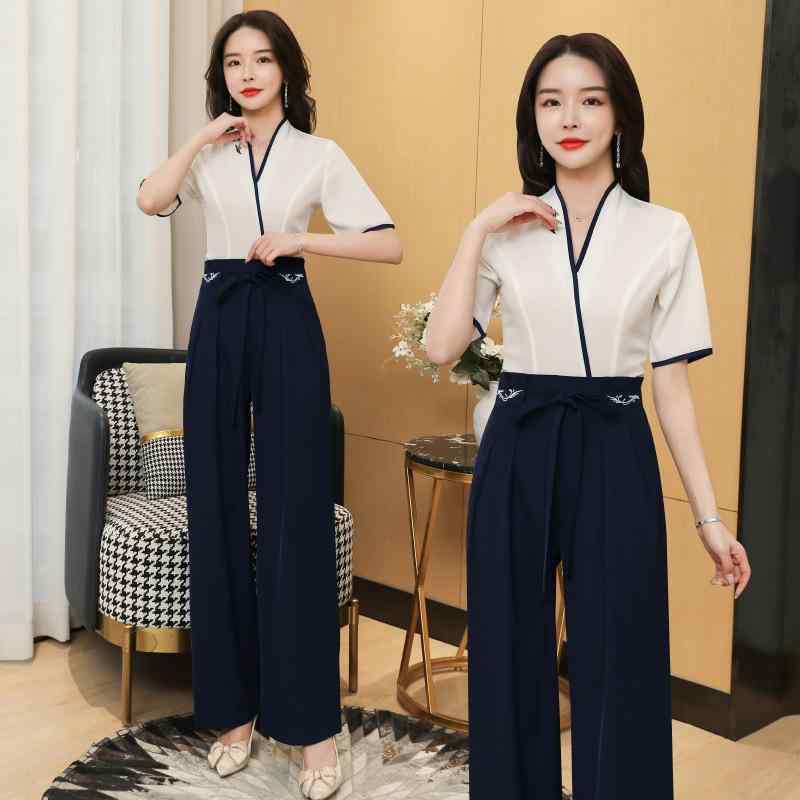 ユニフォーム レディース 美容室 エステサロン スパ リラクゼーション フットケア セラピスト 施術着 制服 作業着 上下セット Vネック 五分袖 吸湿速乾 ロングパンツ ネイビー