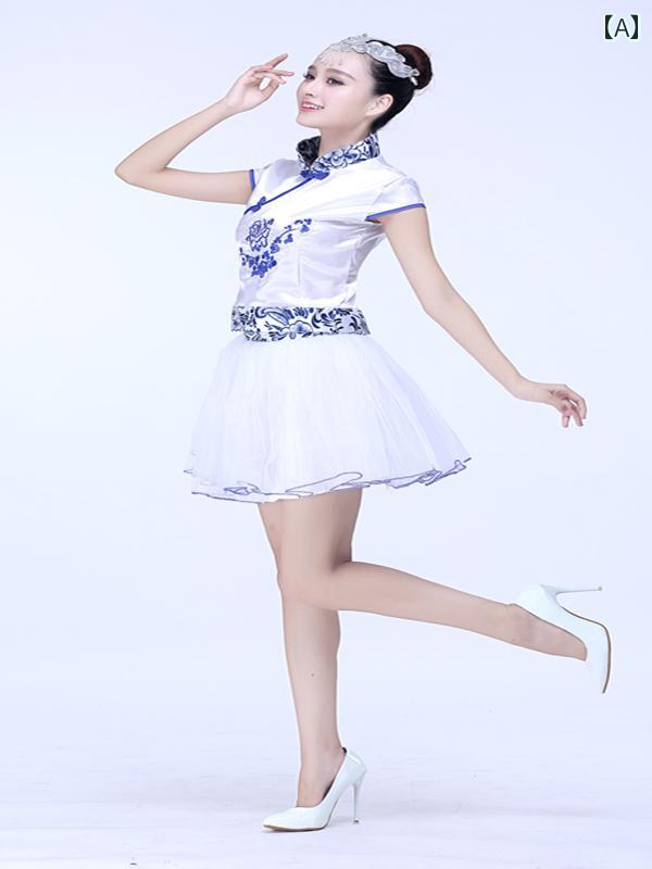 ドレス レディース チャイナ風 中華 ダンス 衣装 パフォーマンス ツーピース 大人 ステージ ホワイト