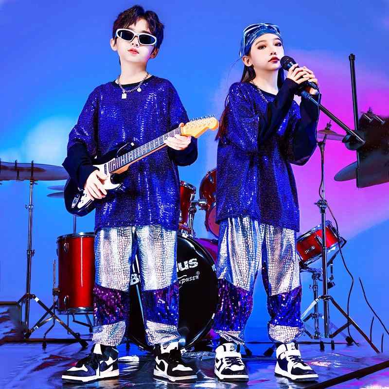 キッズ ストリート ダンス セットアップ 衣装 子供 ジュニア ヒップホップ カジュアル スパンコール ブルー シルバー