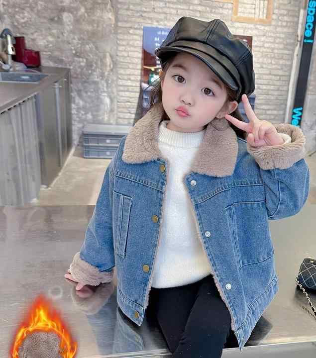 デニム ジャケット キッズ アウター 子供服 女の子 裏起毛 秋冬 シングルブレスト 韓国 ファッション ブルー