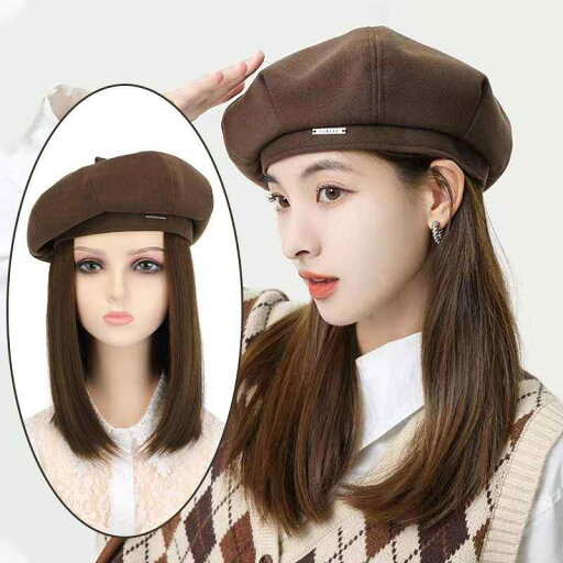 髪付き帽子 ベレー帽 レディース ウィッグ付き 帽子 かつら付き 一体型 ミディアム ロング ヘア 秋冬 ブラック ベージュ ブラウン 髪付き帽子 ベレー帽 レディース ウィッグ付き 帽子 かつら付き 一体型 ミディアム ロング ヘア 秋冬 ブラック ベージュ ブラウン