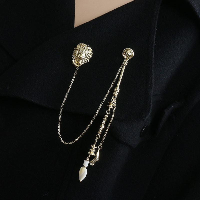 ラベルピン タックピン メンズ レディース チェーン ブローチ スーツ アクセサリー ライオン パール コサージュ レトロ ゴールド