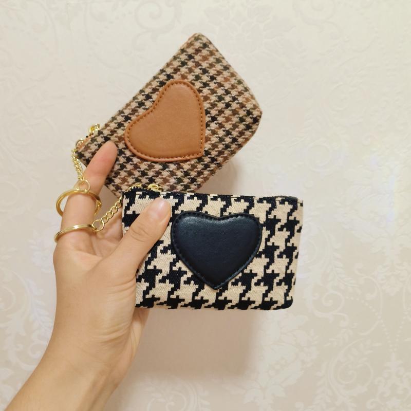 小銭入れ レディース ミニ 財布 コインケース キャンバス 韓国 かわいい ジッパー ポーチ ハート 千鳥格子 ブラック イエロー(4)