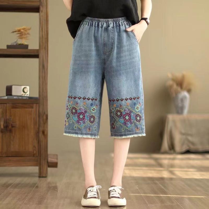 パンツ レディース ボトムス エスニック 刺繍 夏 薄手 ジーンズ ゆったり 伸縮性 七分丈 ストレート カットオフ 大きいサイズ ブルー(4)