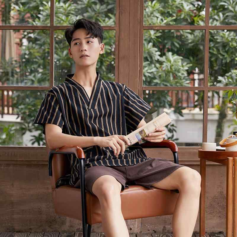 サウナ服 パジャマ ルームウェア メンズ コットン 入浴 マッサージ ストライプ 大きいサイズ おしゃれ ブラウン