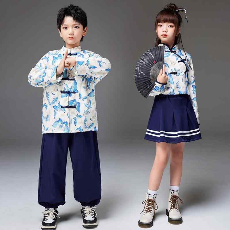 キッズ ダンス セットアップ 中国風 衣装 発表会 舞踊 コーラス 学生 運動会 水色 ネイビー