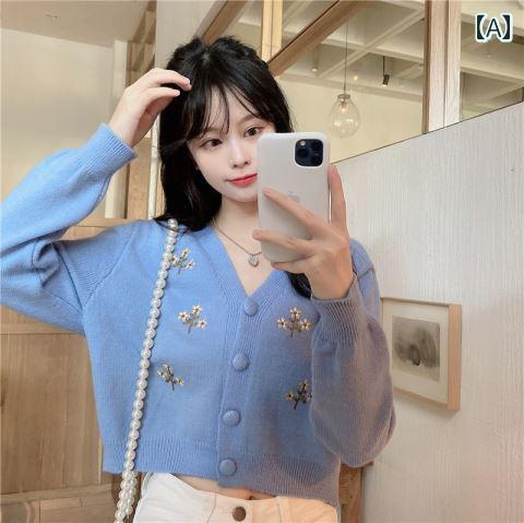 ニット レディース おしゃれ カーディガン カジュアル 春秋 Vネック ショート ソフト 刺繍 トップス ブルー ベージュ