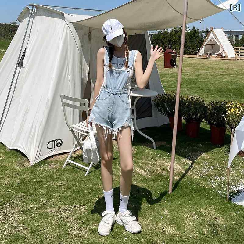 サロペット デニム ショート丈 パンツ レディース オーバーオール つなぎ ダメージ オールインワン 夏 ハイウエスト スリムロー エッジ Aライン ストレート ワイドレッグ ブラック ブルー