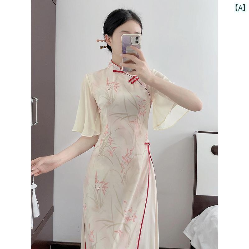 アオザイ チャイナドレス 春夏 中国風 レディース ワンピース レトロ ロング丈 パイピング 婦人服 ピンク