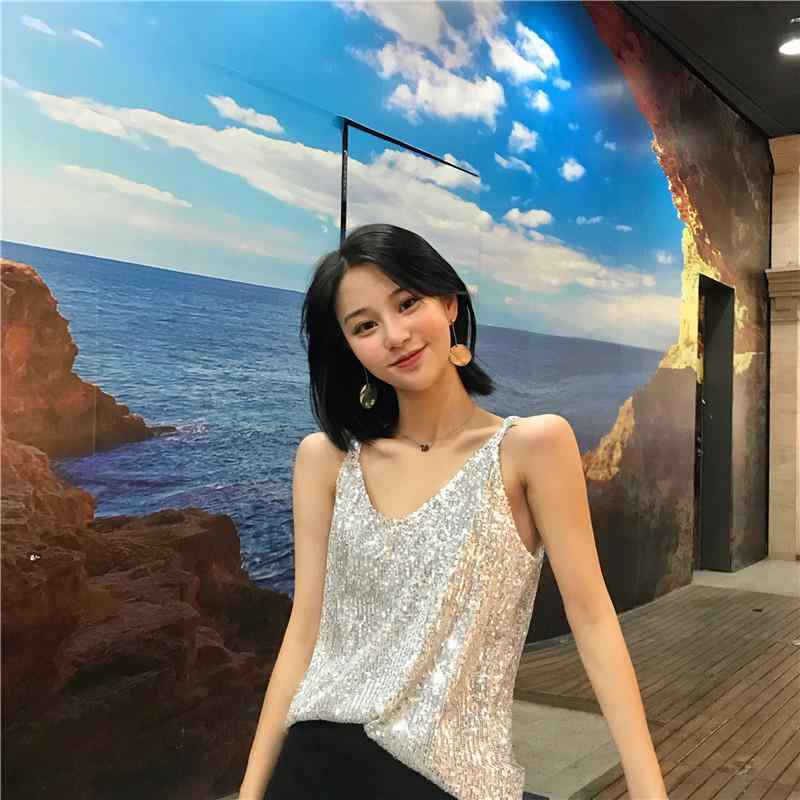 スパンコール キャミソール レディース トップス キラキラ パーティー ダンス 太い 大きいサイズ Vネック 夏 ゆったり セクシー ブラック ホワイト