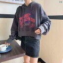 パーカー スウェット レディース ショート丈 フーディー おしゃれ レトロ ロゴ 韓国 ゆったり 春秋 裏起毛 暖かい 大きいサイズ グレー グリーン